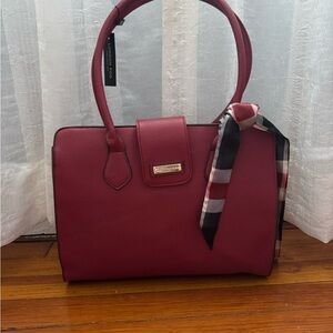 London Fog Red Satchel with Structured Shape and Gold Hardware